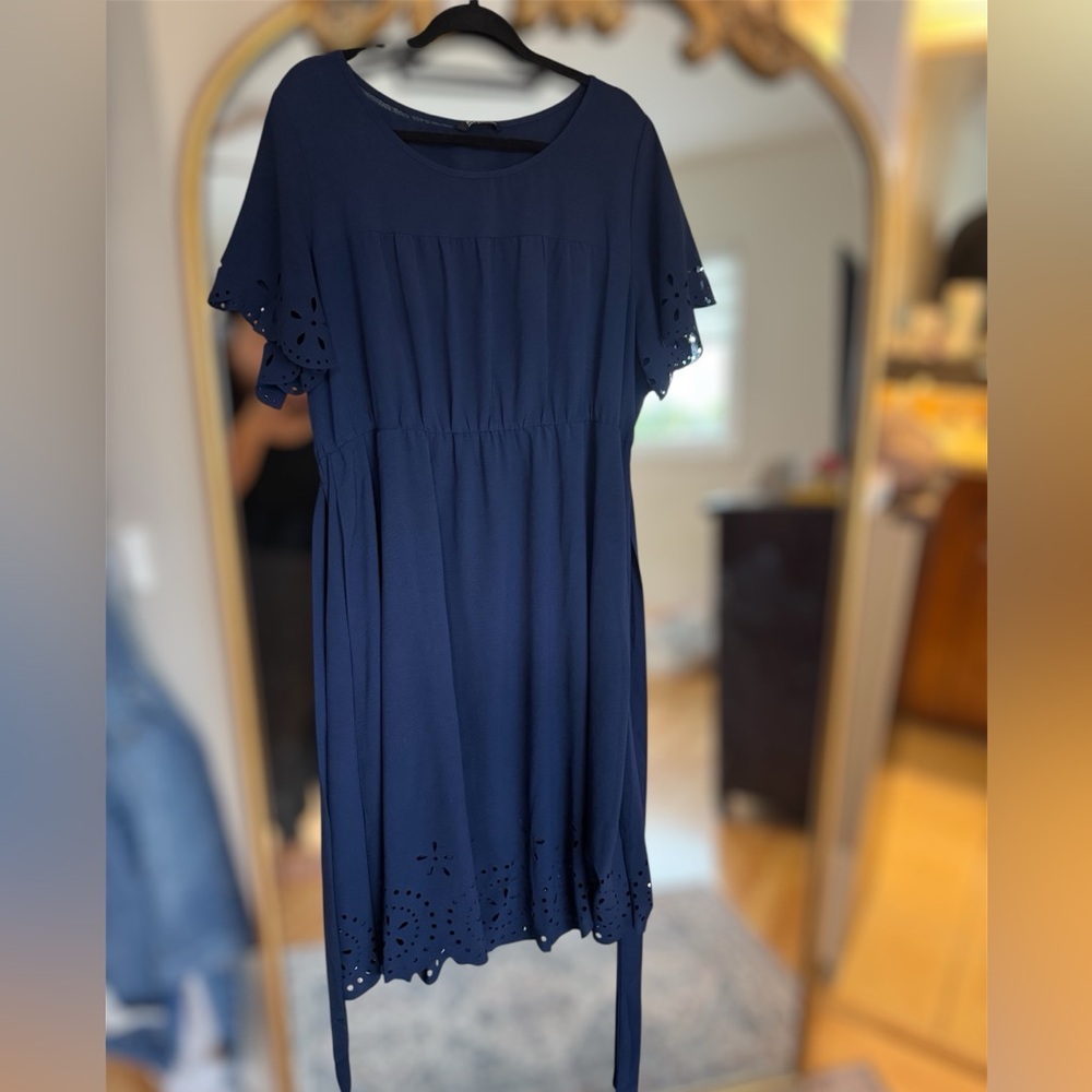 BloomChic Navy Blue Midi Dress with Eyelet Details